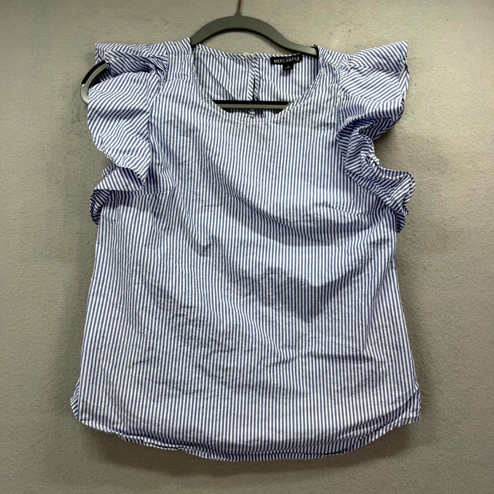 J.CREW Mercantile Blouse Top Womens 2 White Blue Hickory Striped Ruffle Sleeve